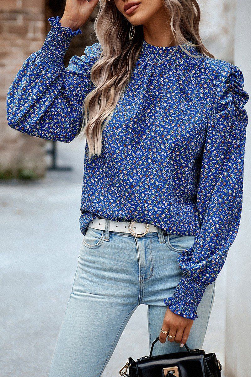 WOMEN PATTERNED HIGH NECK PUFF SLEEVE BLOUSE