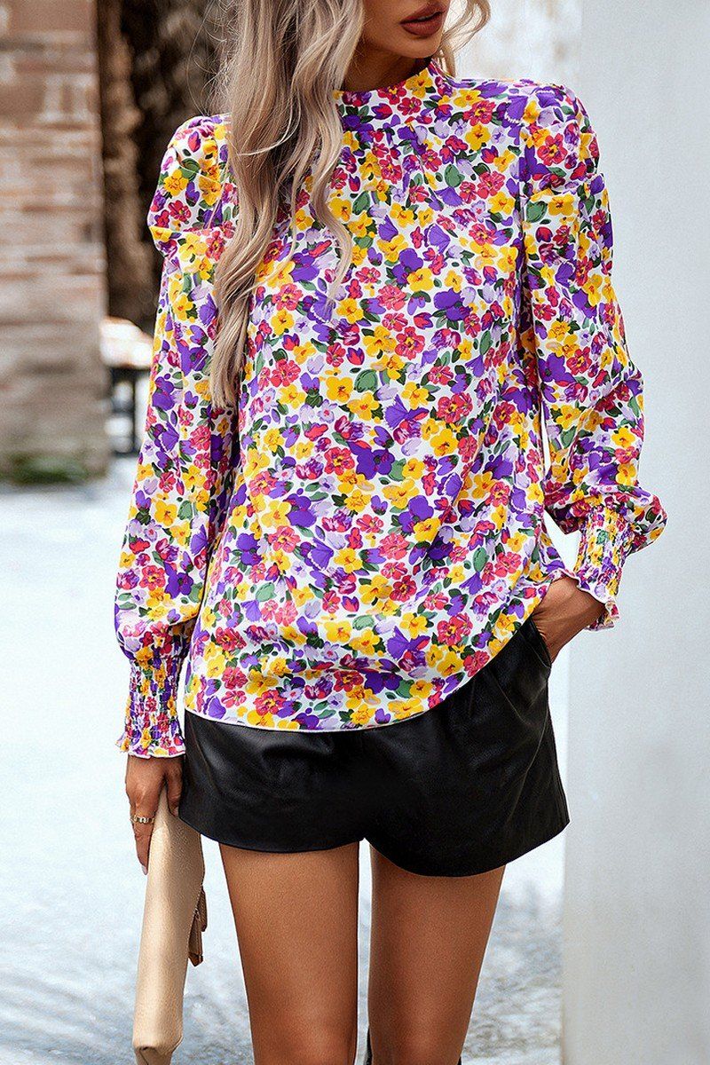 WOMEN PATTERNED HIGH NECK PUFF SLEEVE BLOUSE