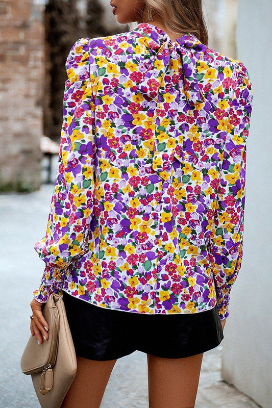 WOMEN PATTERNED HIGH NECK PUFF SLEEVE BLOUSE