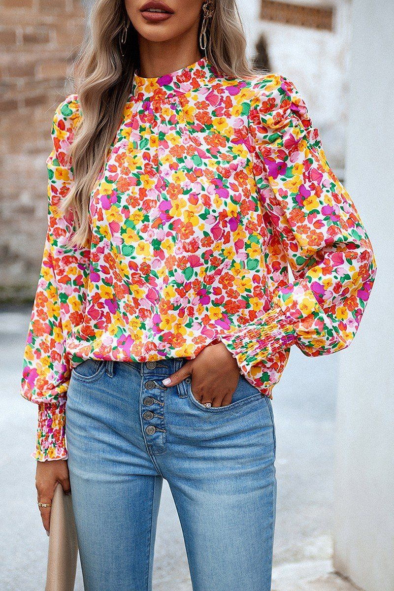 WOMEN PATTERNED HIGH NECK PUFF SLEEVE BLOUSE