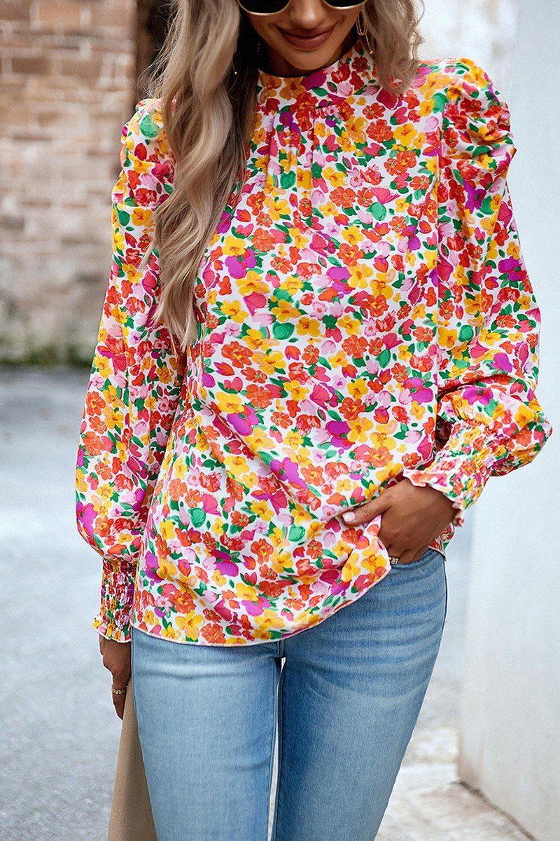 WOMEN PATTERNED HIGH NECK PUFF SLEEVE BLOUSE