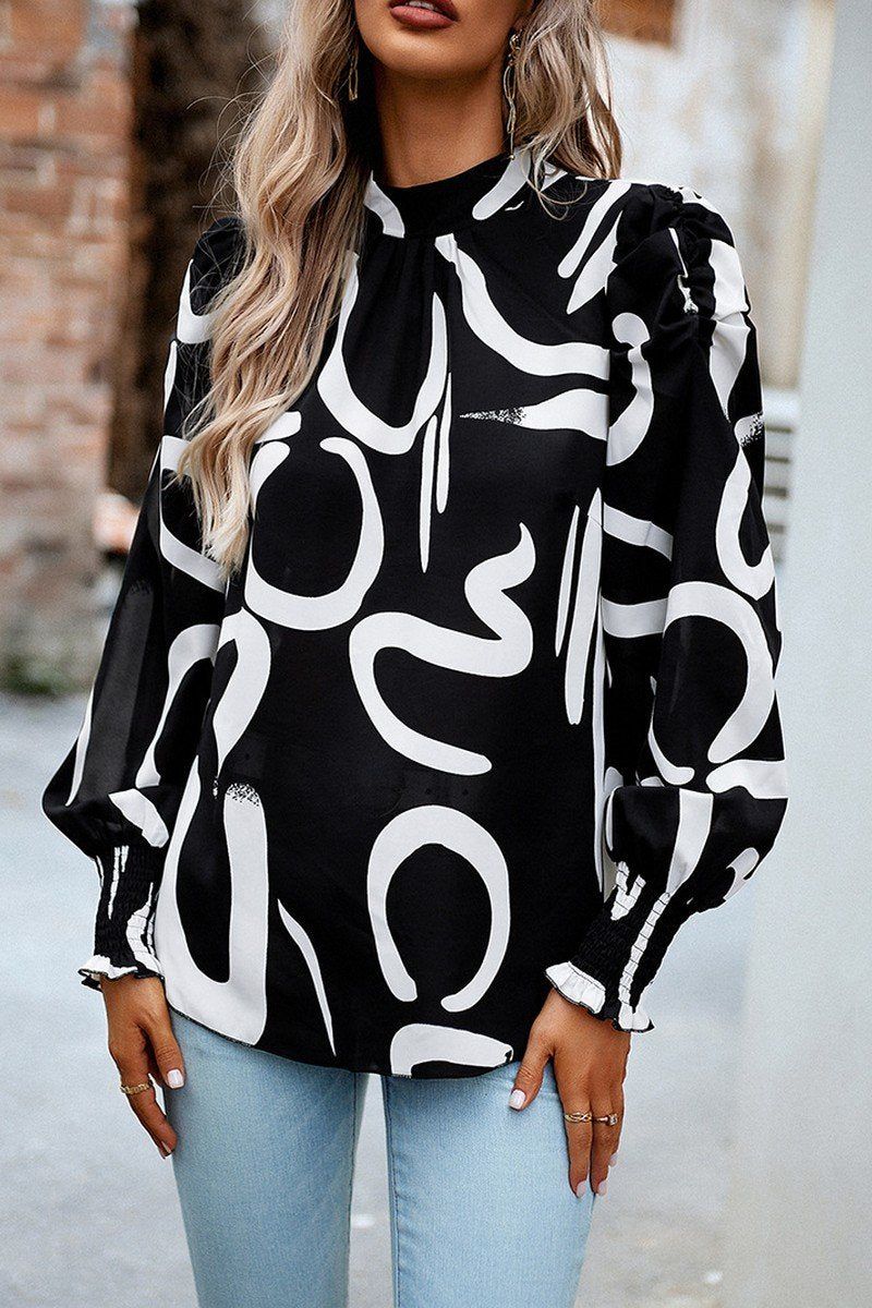 WOMEN PATTERNED HIGH NECK PUFF SLEEVE BLOUSE