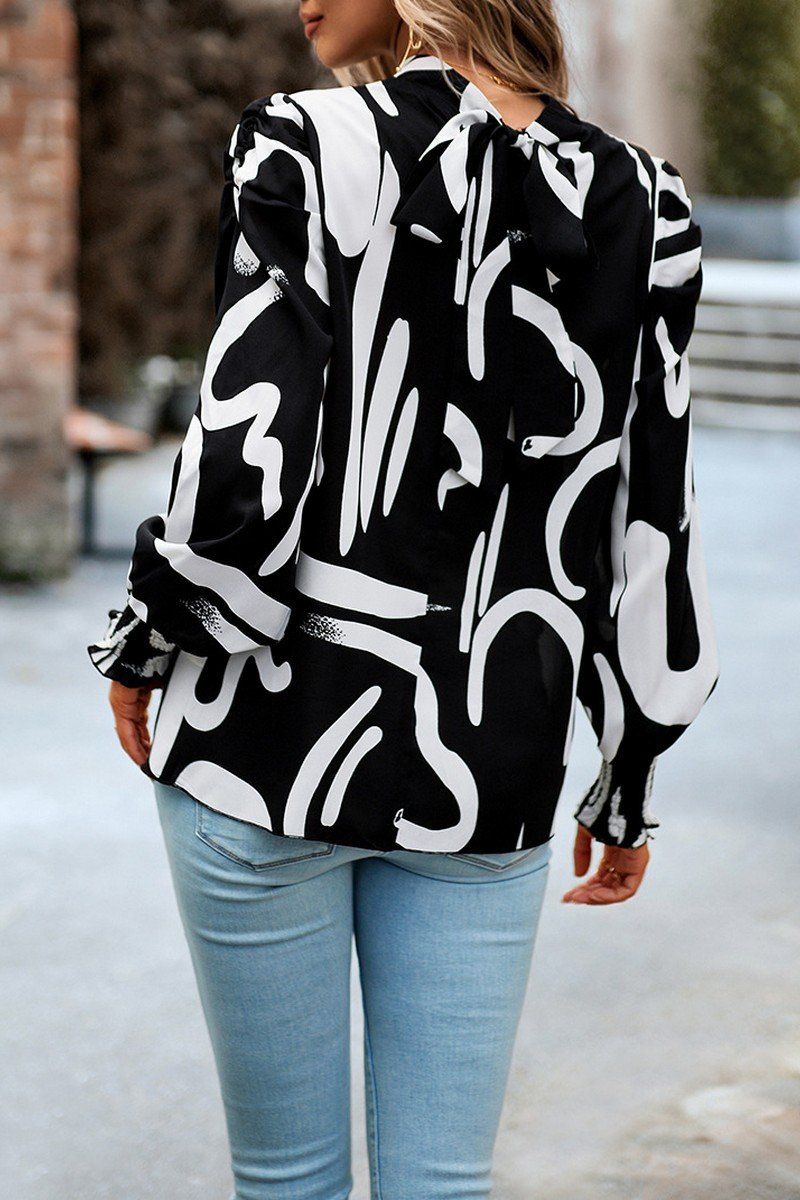 WOMEN PATTERNED HIGH NECK PUFF SLEEVE BLOUSE