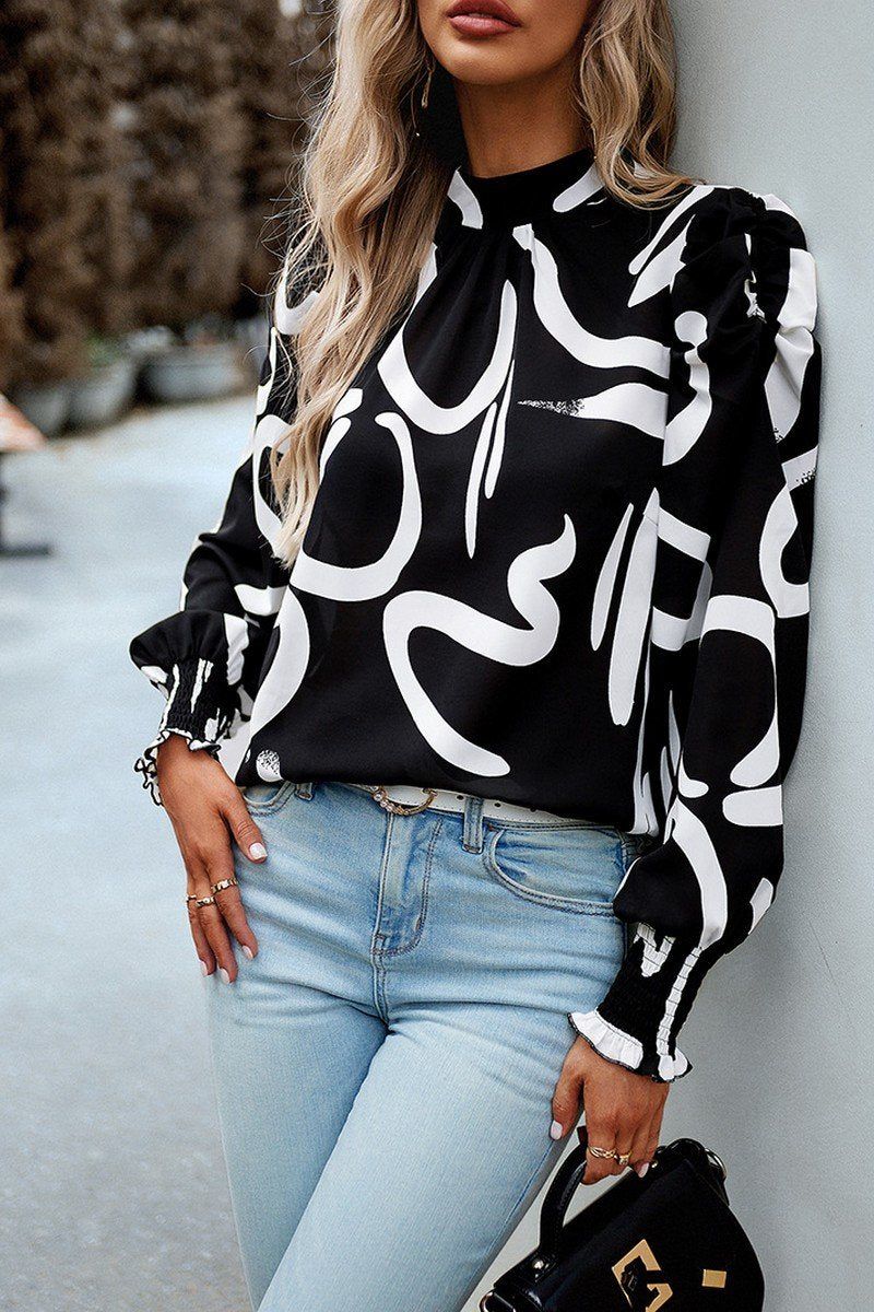 WOMEN PATTERNED HIGH NECK PUFF SLEEVE BLOUSE