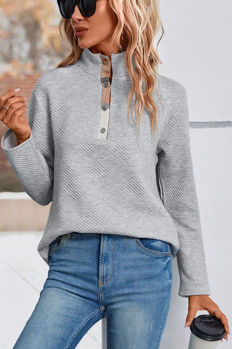 WOMEN BUTTONED HIGH NECK PLAID BLOCK PULLOVER TOP