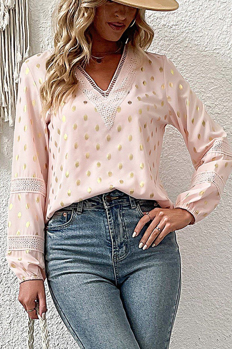 GUIPURE LACE TRIM GOLDEN POLKA DOT PATTERN BLOUSE