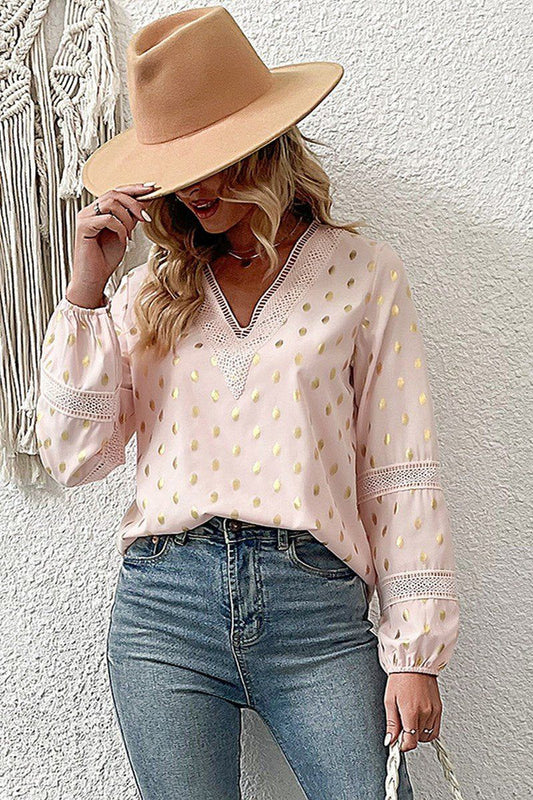 GUIPURE LACE TRIM GOLDEN POLKA DOT PATTERN BLOUSE