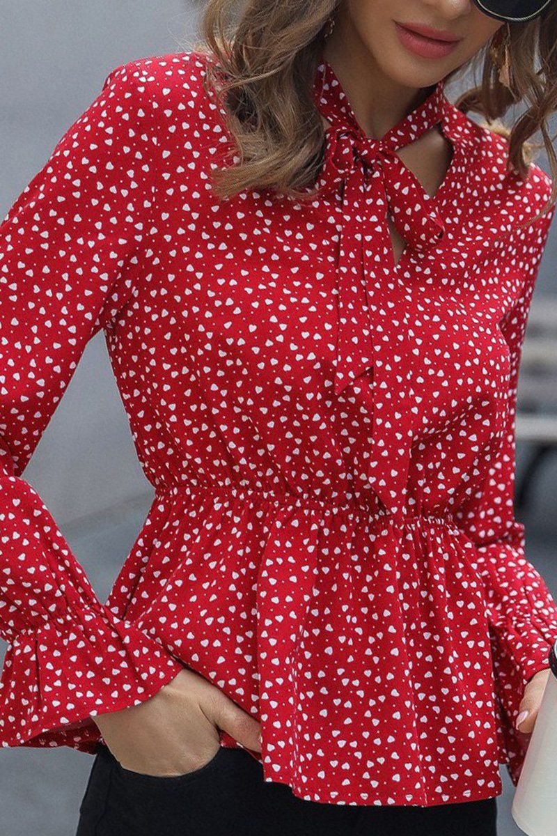 LANTERN SLEEVE TIED NECK HEART PATTERN TUNIC TOP
100% POLYESTER
SIZE S-M-L
MADE IN CHINA