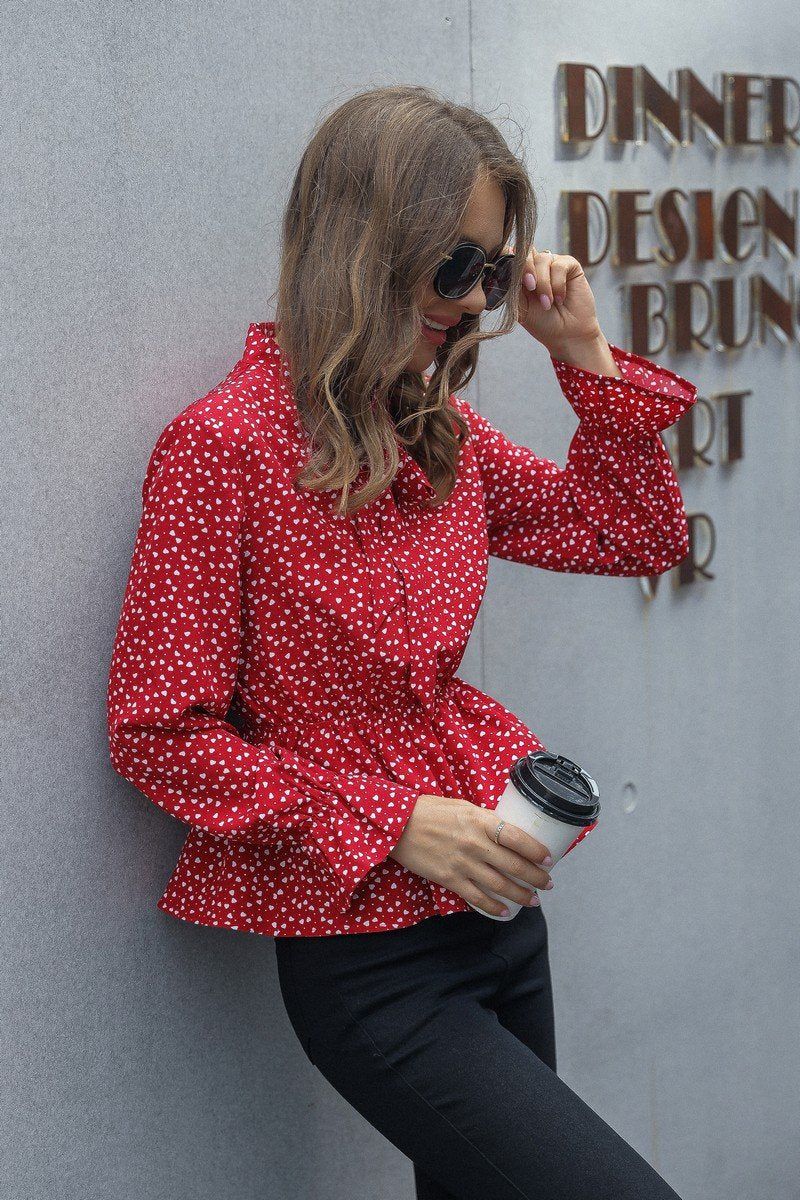 LANTERN SLEEVE TIED NECK HEART PATTERN TUNIC TOP
100% POLYESTER
SIZE S-M-L
MADE IN CHINA