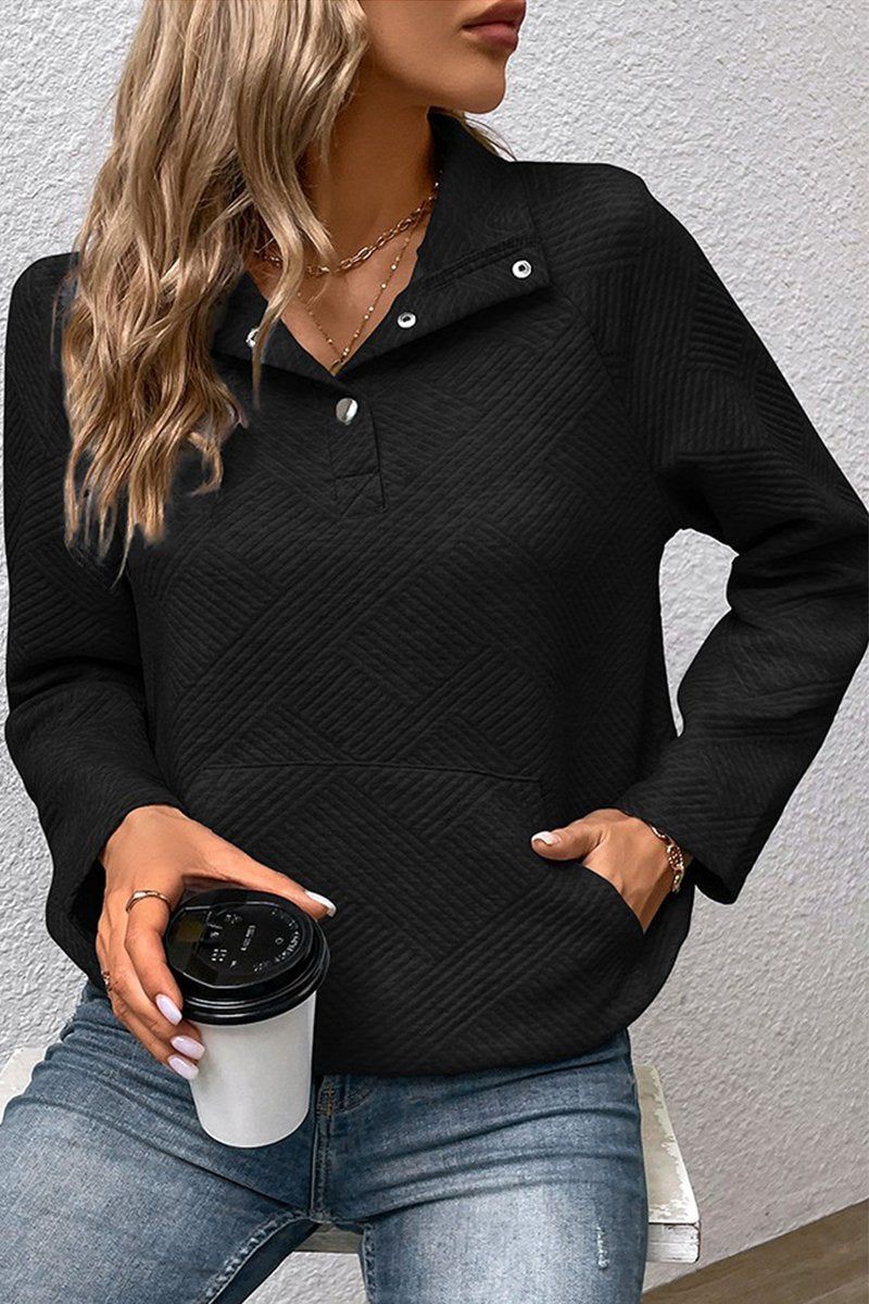 WOMEN BUTTON NECK KANGAROO POCKET PULLOVER