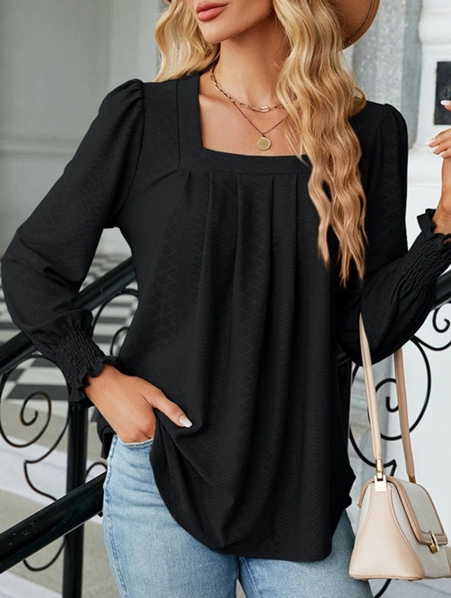 WOMEN SQAURE NECK SHIRRED CUFF LONG SLEEVE BLOUSE