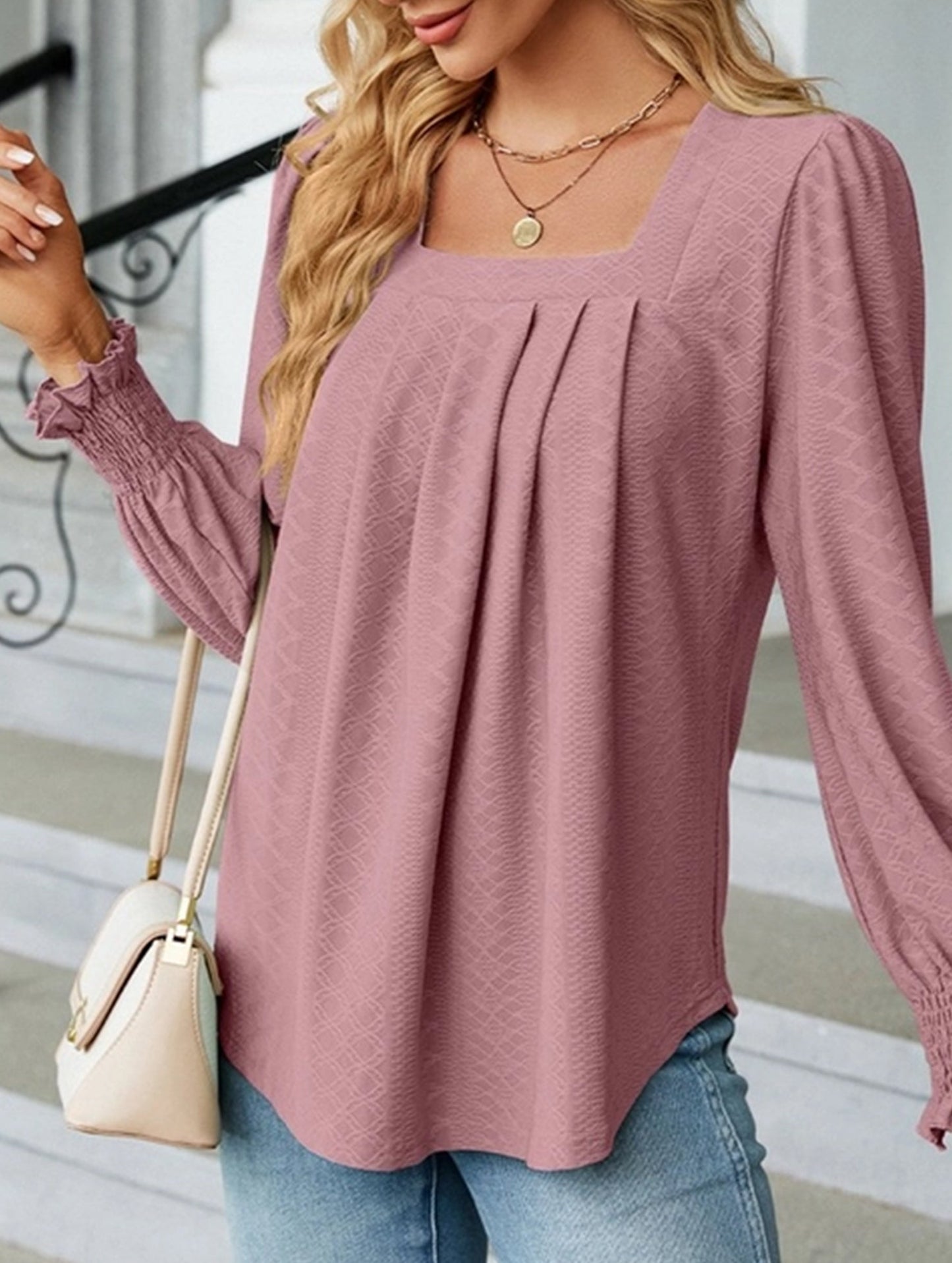 WOMEN SQAURE NECK SHIRRED CUFF LONG SLEEVE BLOUSE