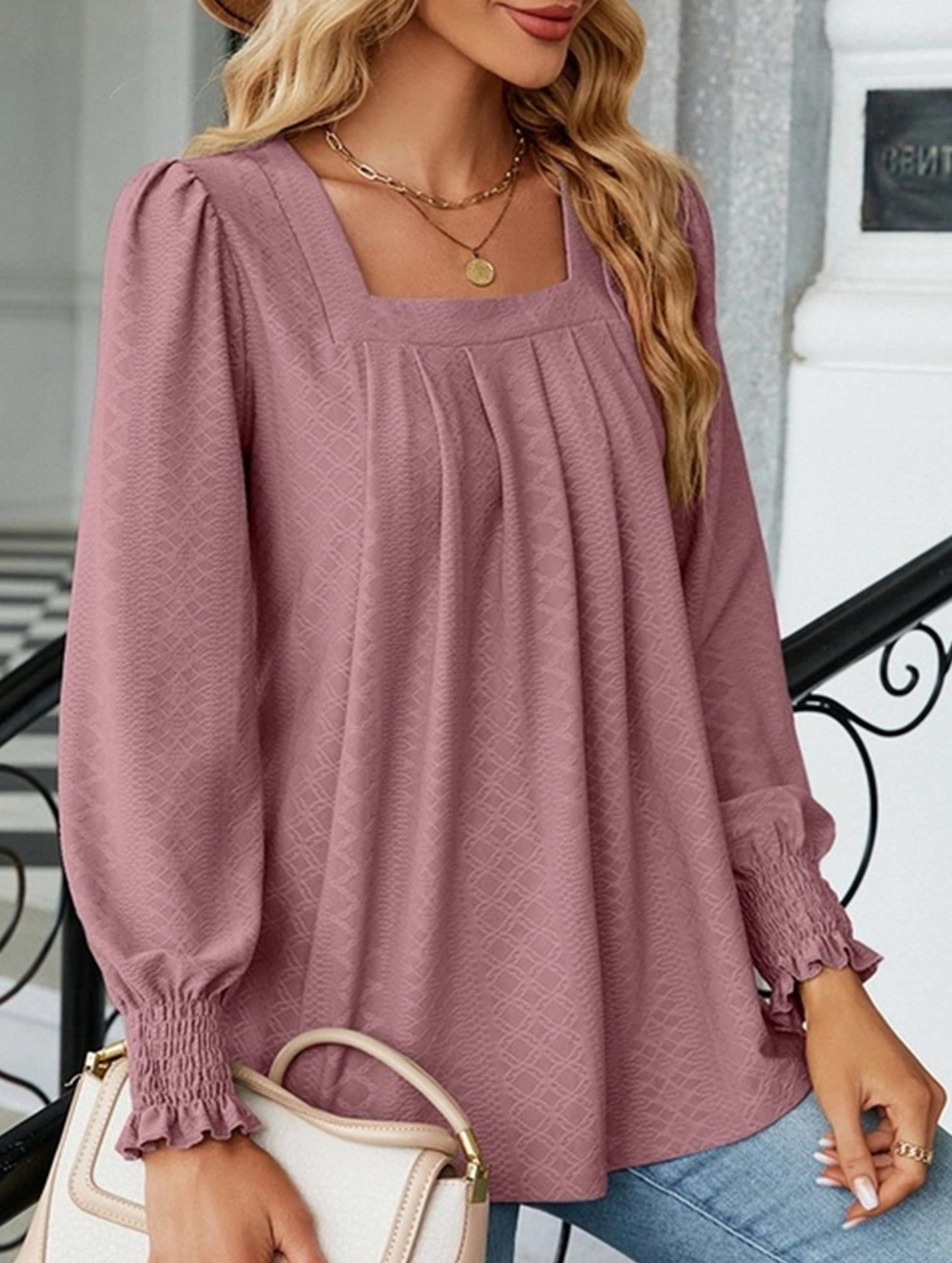 WOMEN SQAURE NECK SHIRRED CUFF LONG SLEEVE BLOUSE