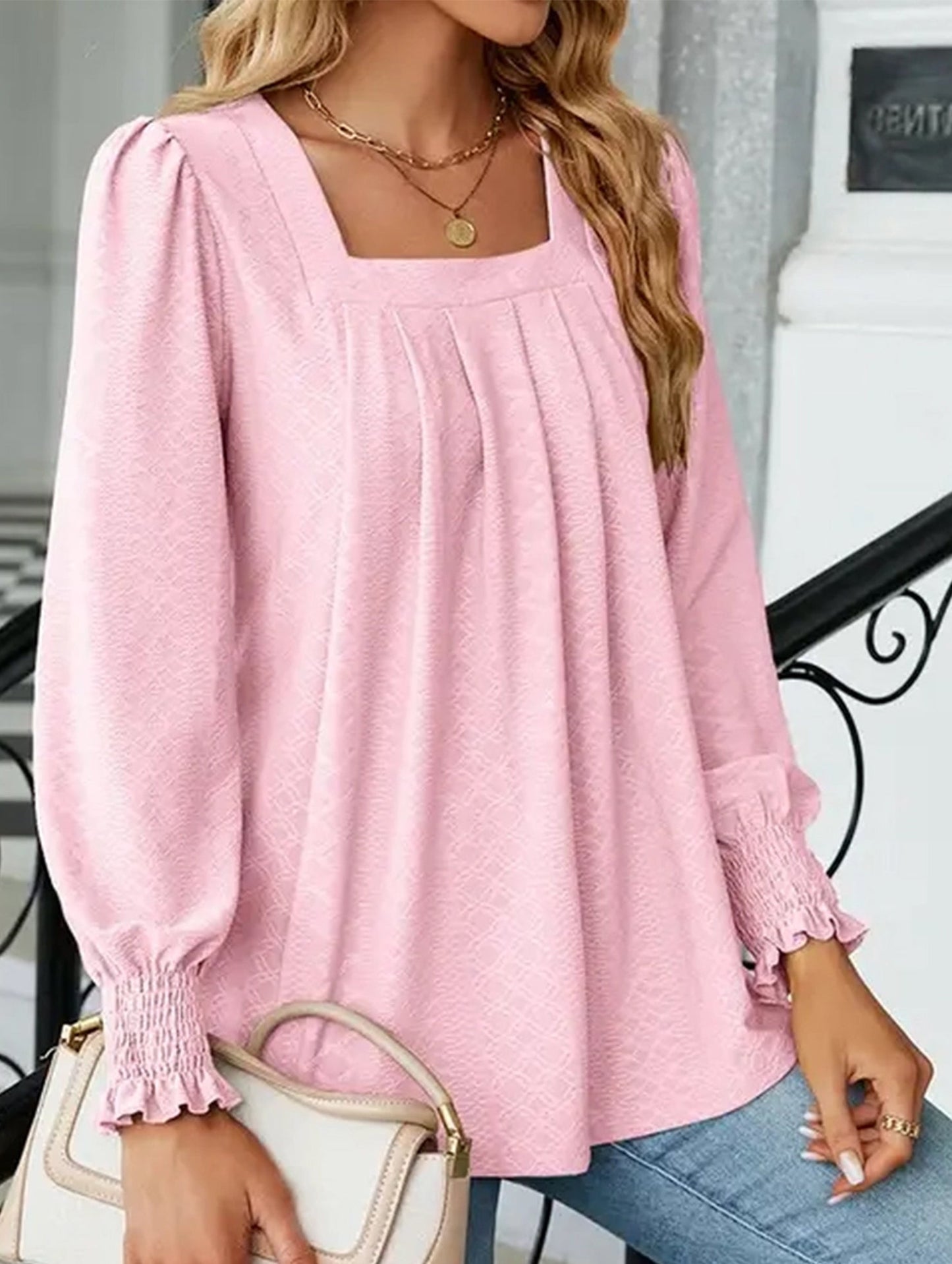 WOMEN SQAURE NECK SHIRRED CUFF LONG SLEEVE BLOUSE