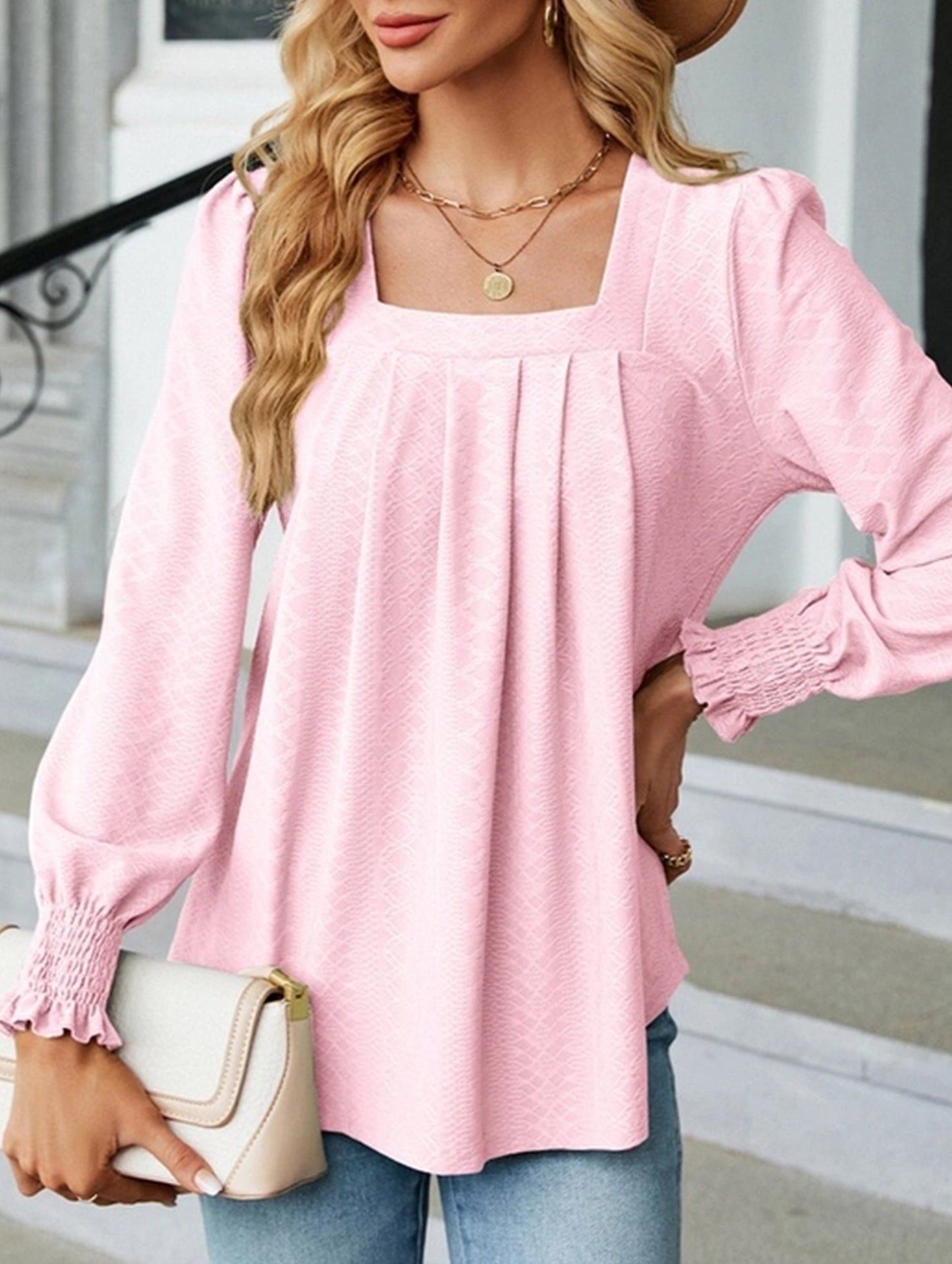 WOMEN SQAURE NECK SHIRRED CUFF LONG SLEEVE BLOUSE