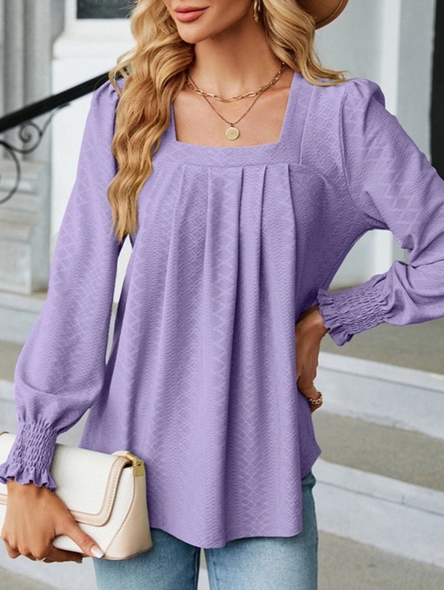 WOMEN SQAURE NECK SHIRRED CUFF LONG SLEEVE BLOUSE