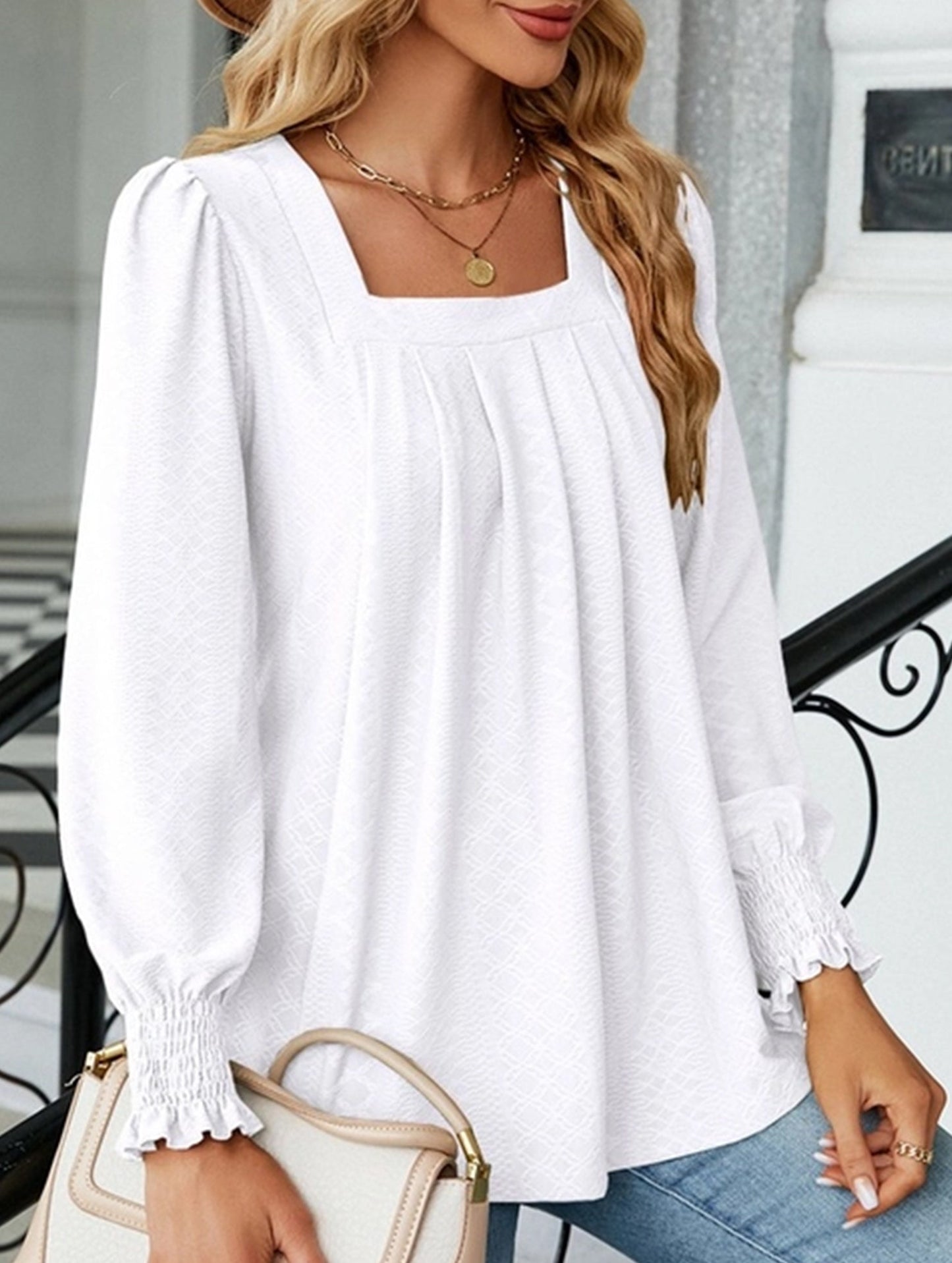 WOMEN SQAURE NECK SHIRRED CUFF LONG SLEEVE BLOUSE