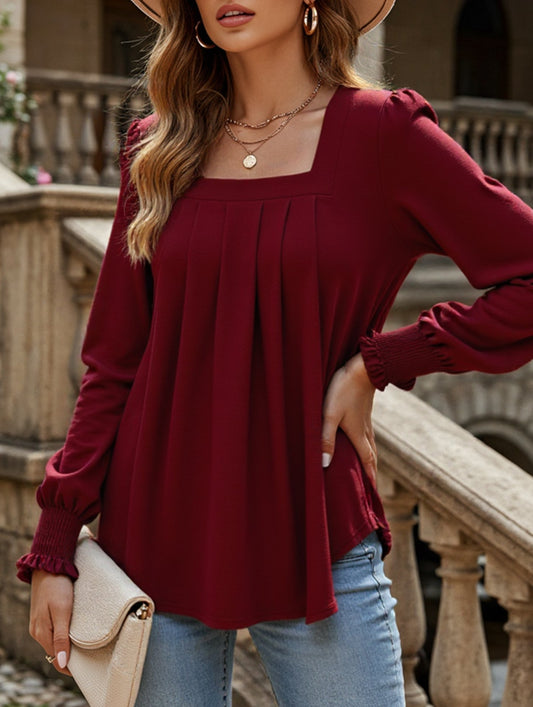 WOMEN SQAURE NECK SHIRRED CUFF LONG SLEEVE BLOUSE