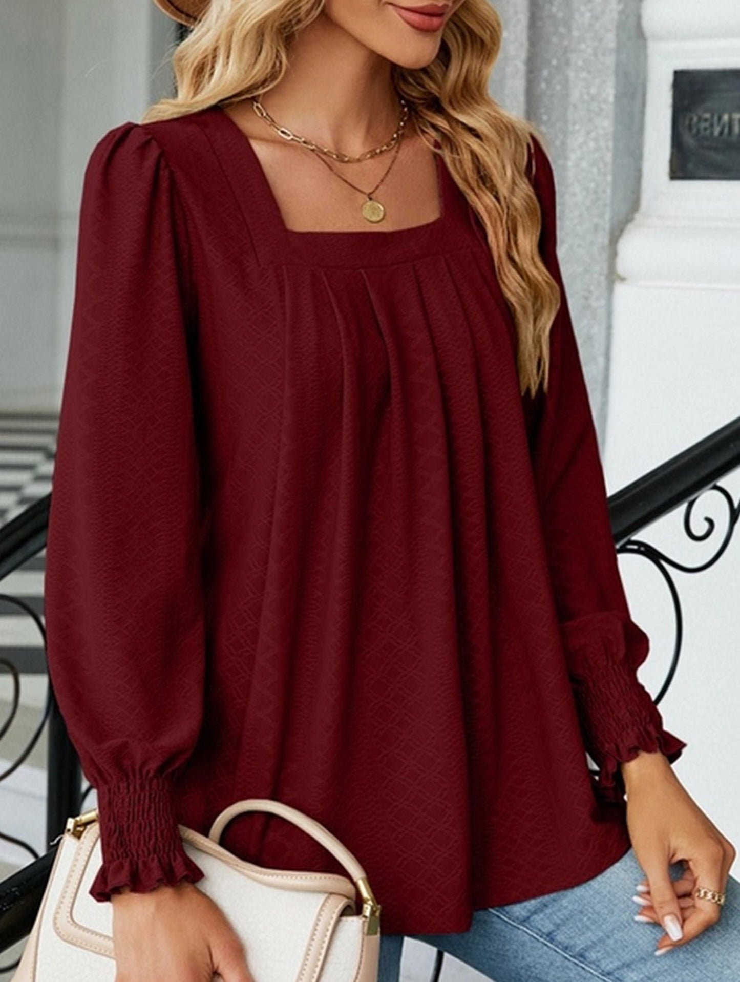 WOMEN SQAURE NECK SHIRRED CUFF LONG SLEEVE BLOUSE