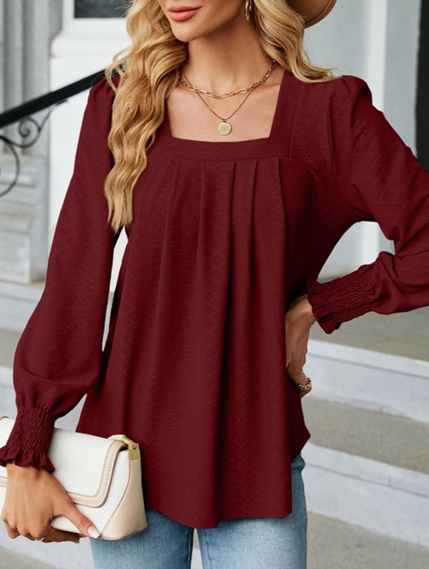WOMEN SQAURE NECK SHIRRED CUFF LONG SLEEVE BLOUSE