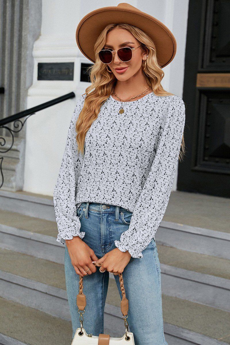 WOMEN FLORAL RUFFLE SLEEVE ROUND NECK FALL BLOUSE