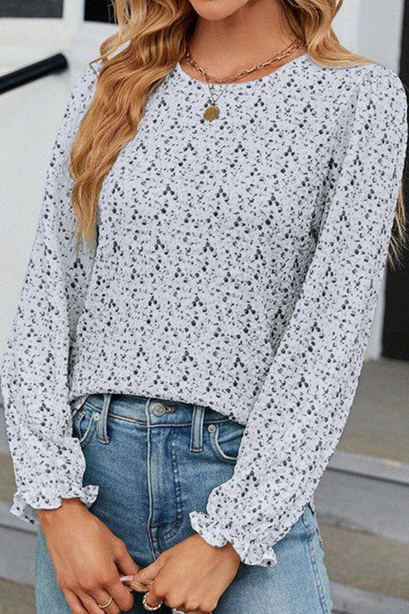 WOMEN FLORAL RUFFLE SLEEVE ROUND NECK FALL BLOUSE