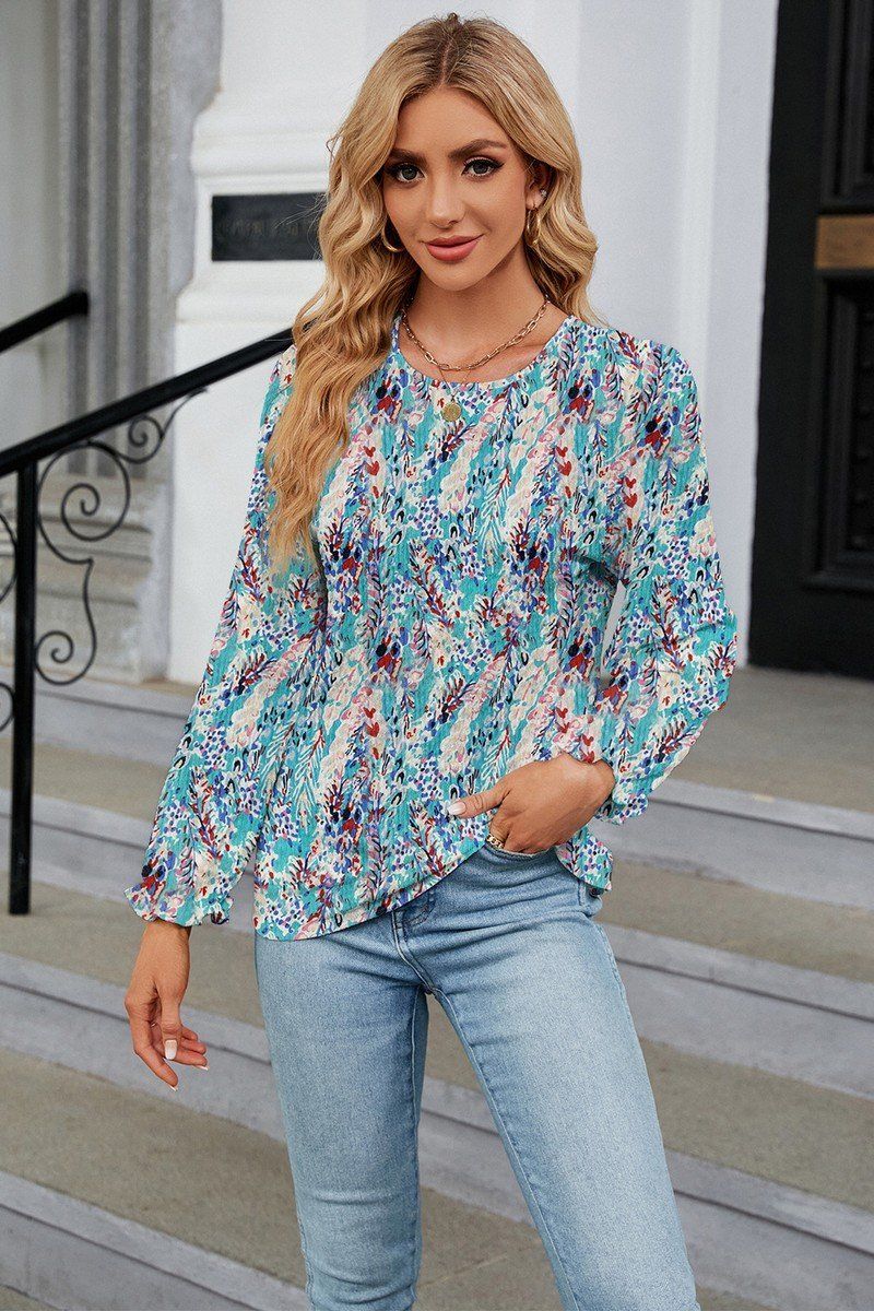 WOMEN FLORAL RUFFLE SLEEVE ROUND NECK FALL BLOUSE