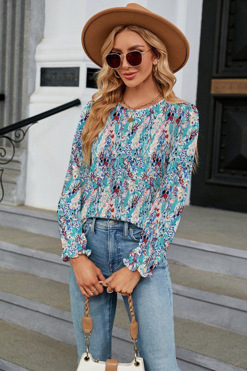 WOMEN FLORAL RUFFLE SLEEVE ROUND NECK FALL BLOUSE