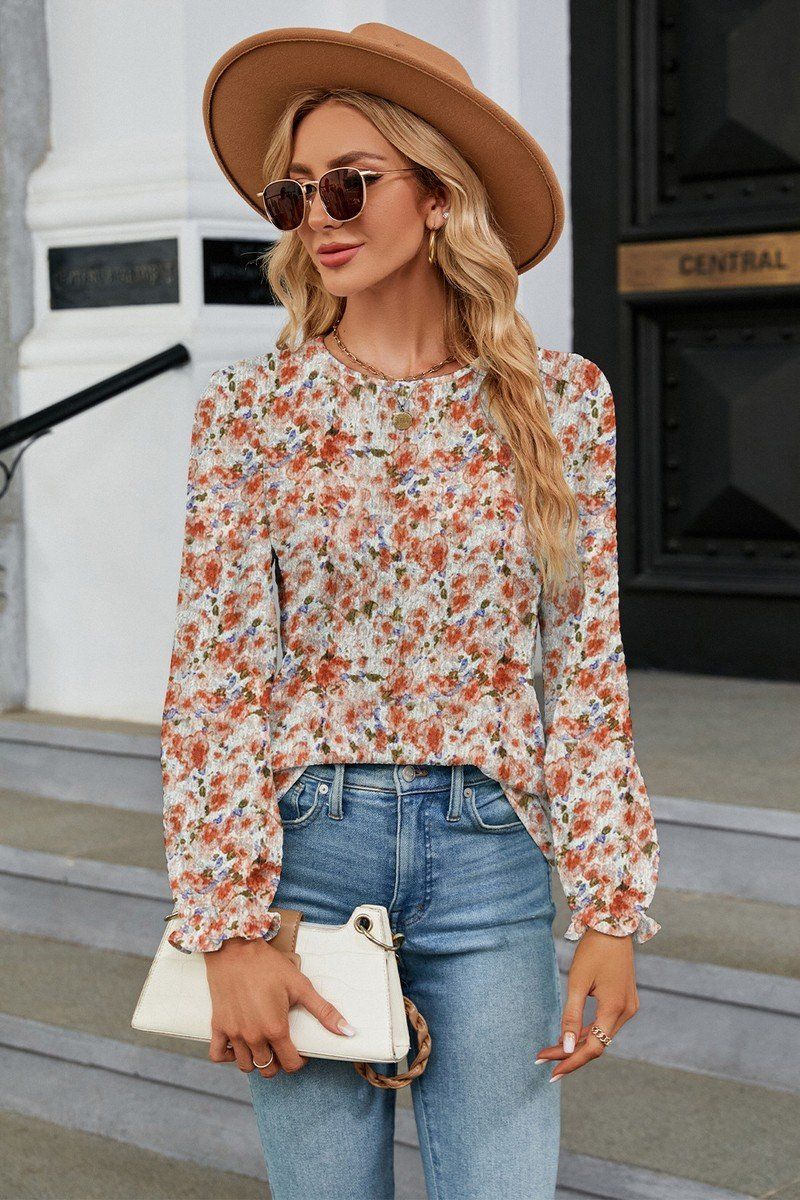 WOMEN FLORAL RUFFLE SLEEVE ROUND NECK FALL BLOUSE