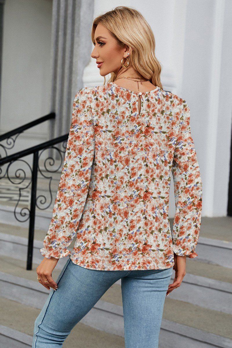 WOMEN FLORAL RUFFLE SLEEVE ROUND NECK FALL BLOUSE