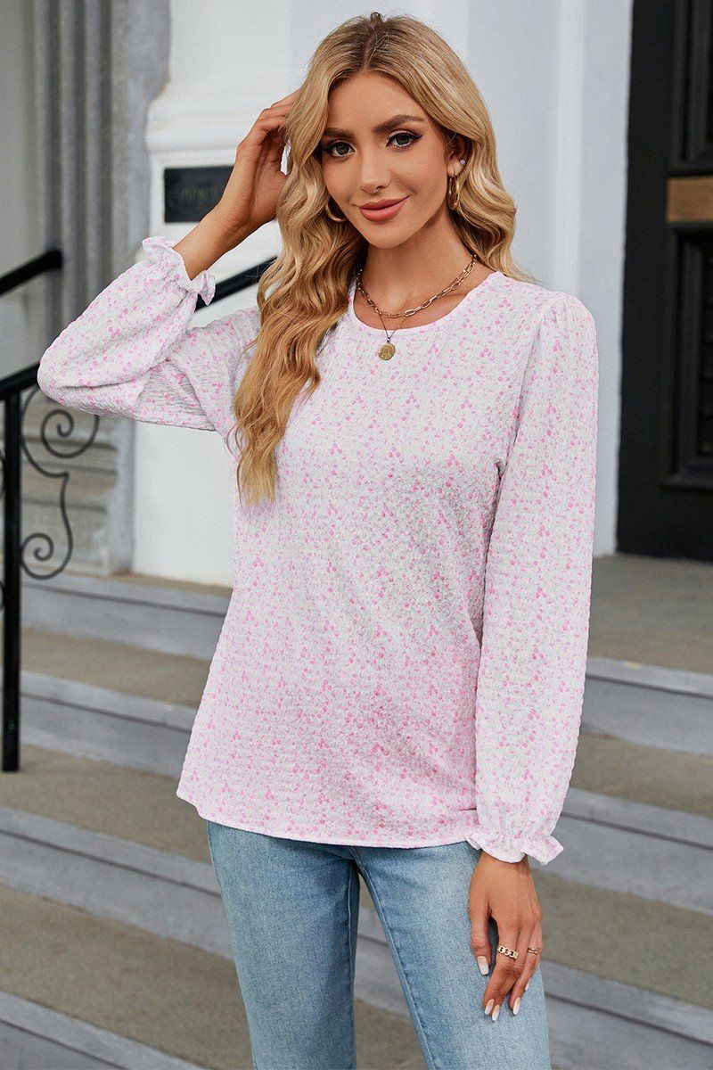 WOMEN FLORAL RUFFLE SLEEVE ROUND NECK FALL BLOUSE