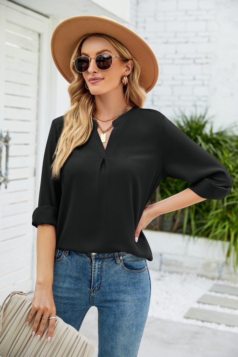 V NECK BUTTON CUFF BUSINESS OFFICE WORK BLOUSE