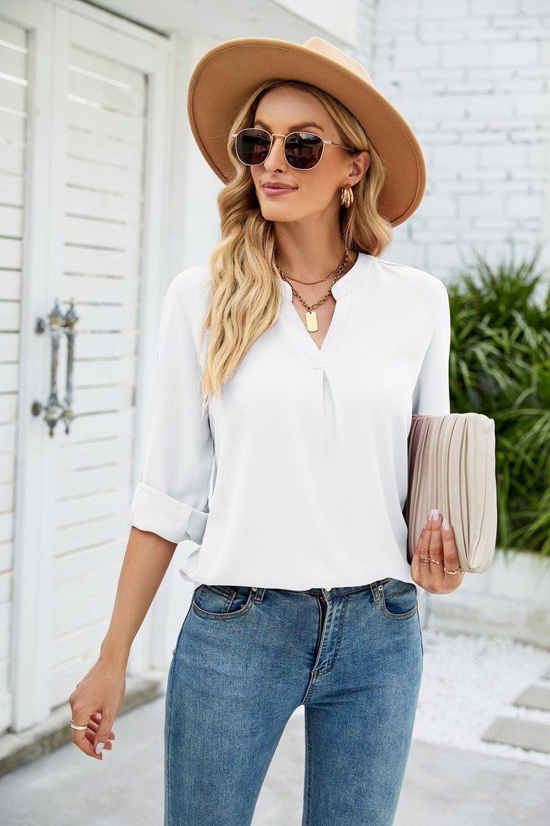 V NECK BUTTON CUFF BUSINESS OFFICE WORK BLOUSE