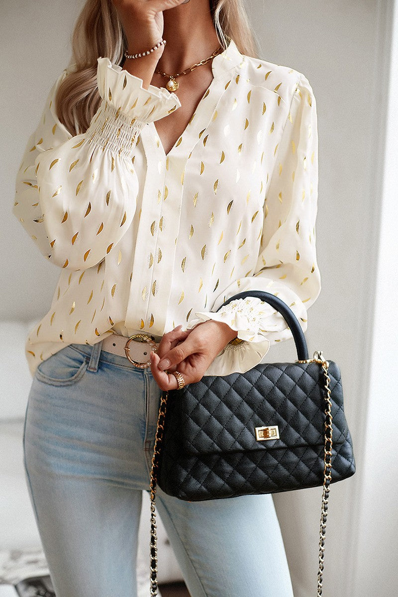 WOMEN V NECK PATTERNED OFFICE WORK BLOUSE TOP