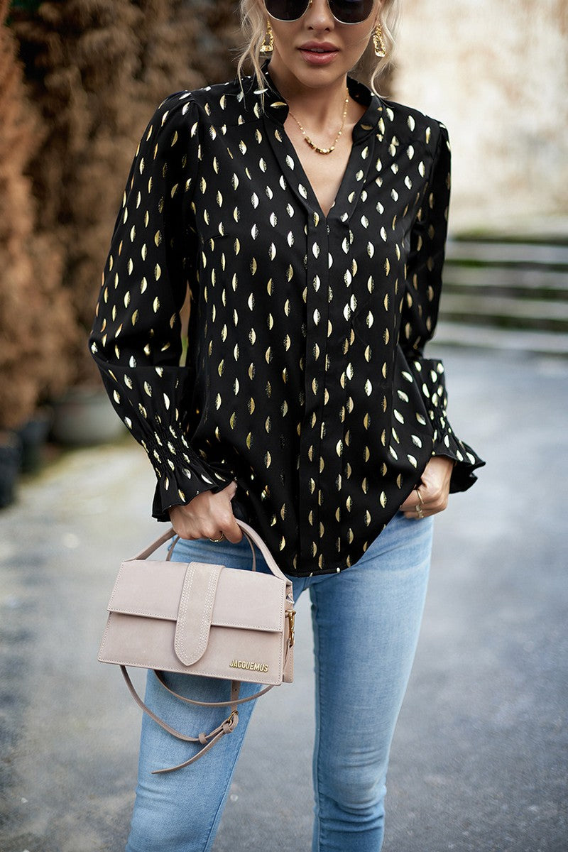WOMEN V NECK PATTERNED OFFICE WORK BLOUSE TOP