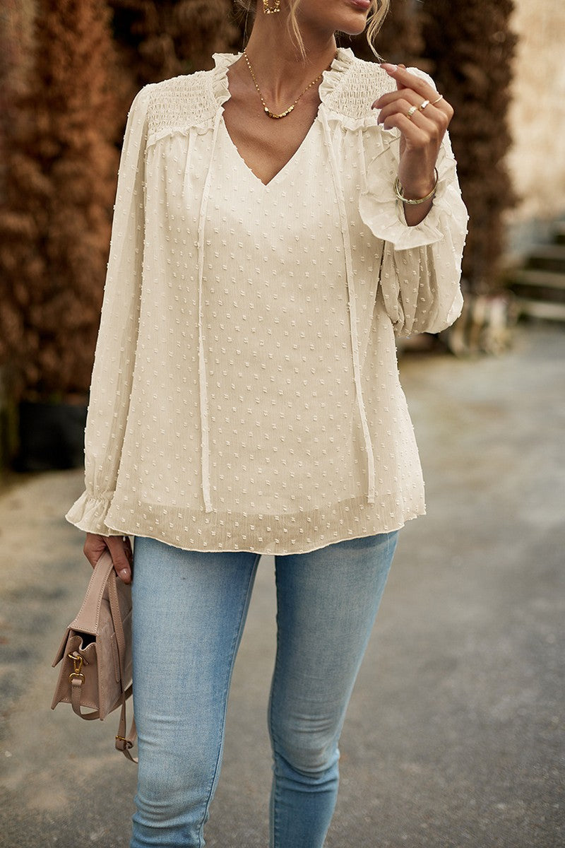 WOMEN RUFFLED SWISS DOT CHIFFON BLOUSE TOP