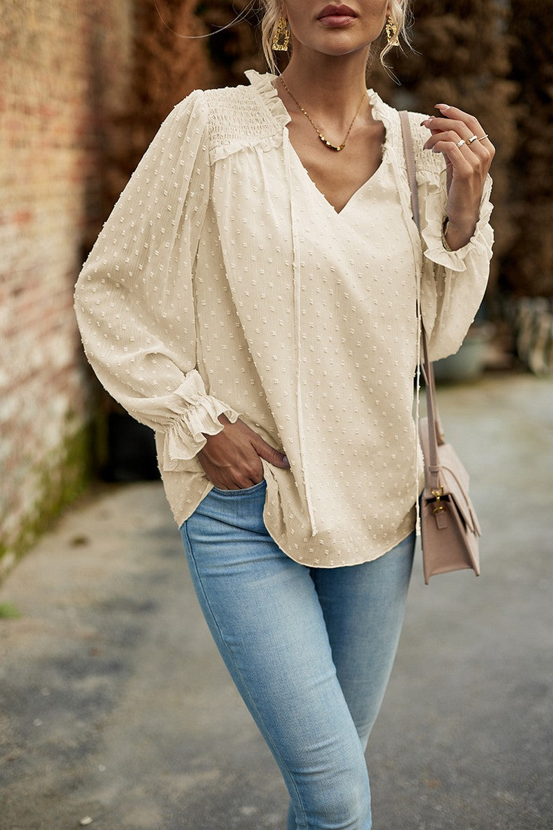 WOMEN RUFFLED SWISS DOT CHIFFON BLOUSE TOP