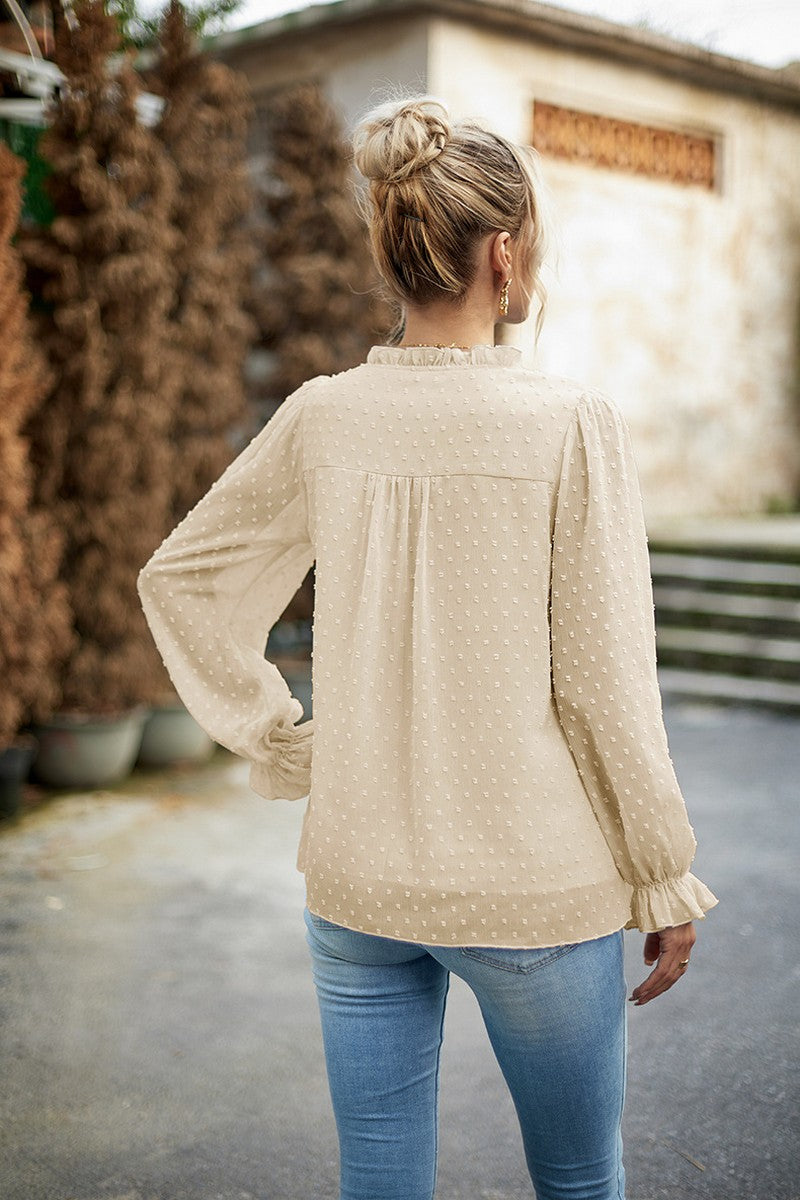 WOMEN RUFFLED SWISS DOT CHIFFON BLOUSE TOP