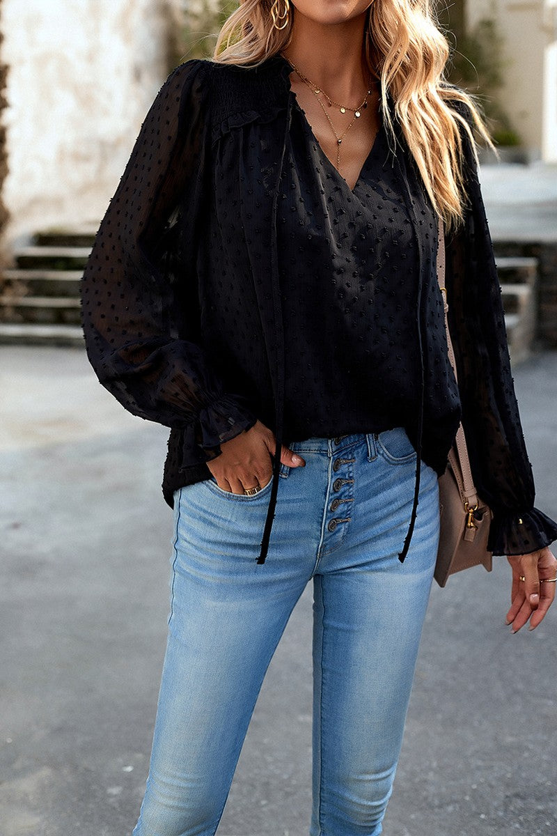 WOMEN RUFFLED SWISS DOT CHIFFON BLOUSE TOP