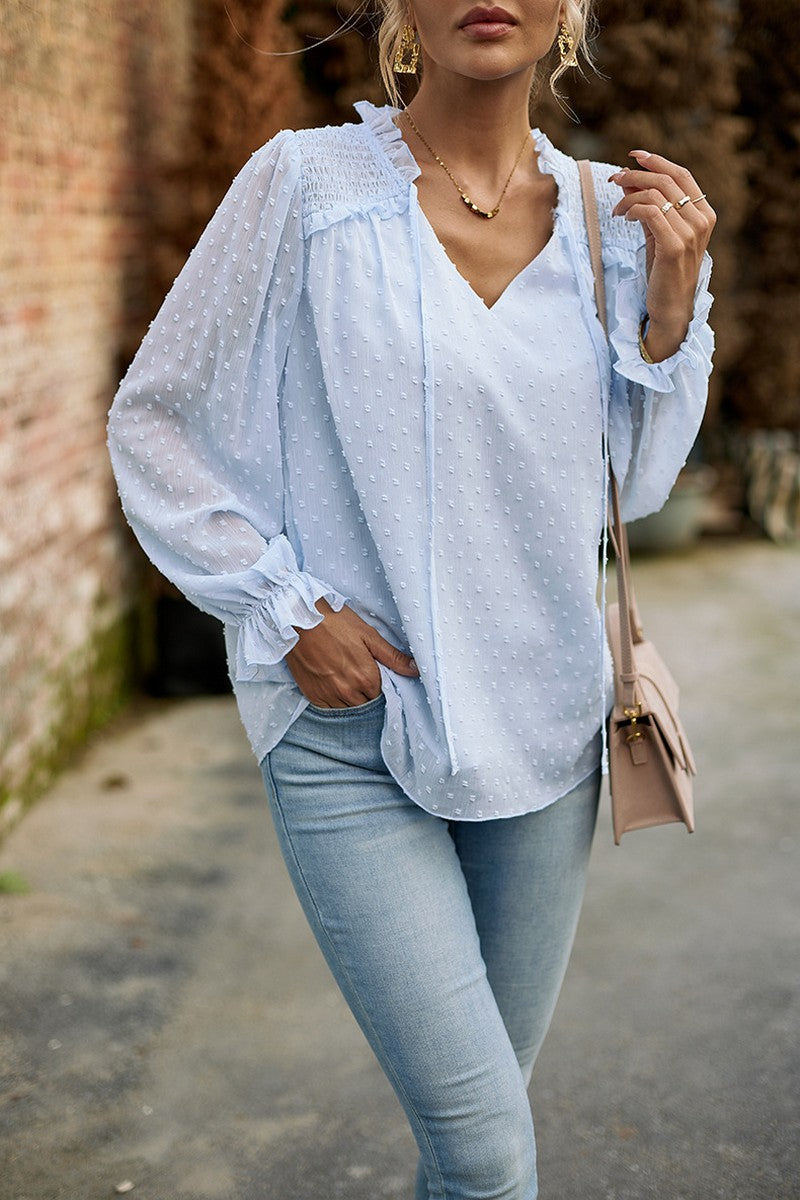 WOMEN RUFFLED SWISS DOT CHIFFON BLOUSE TOP