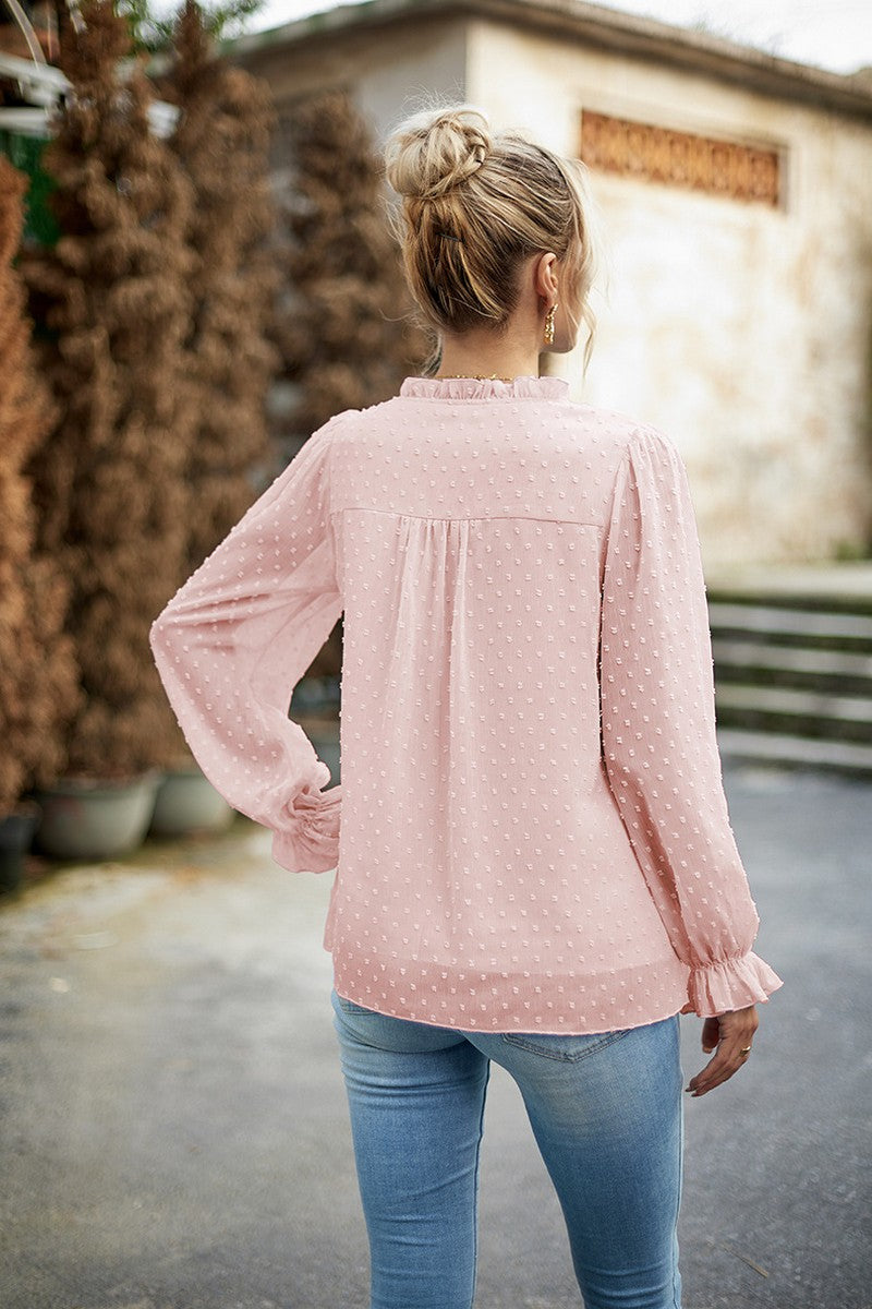 WOMEN RUFFLED SWISS DOT CHIFFON BLOUSE TOP
