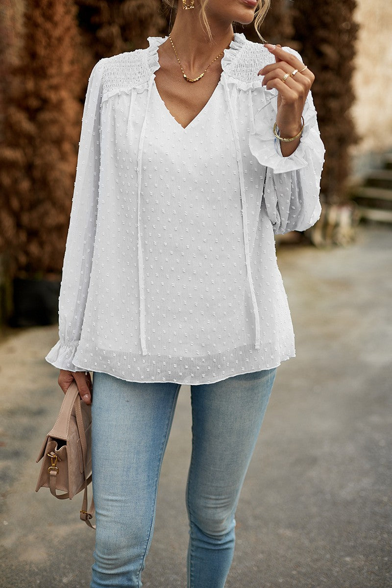 WOMEN RUFFLED SWISS DOT CHIFFON BLOUSE TOP