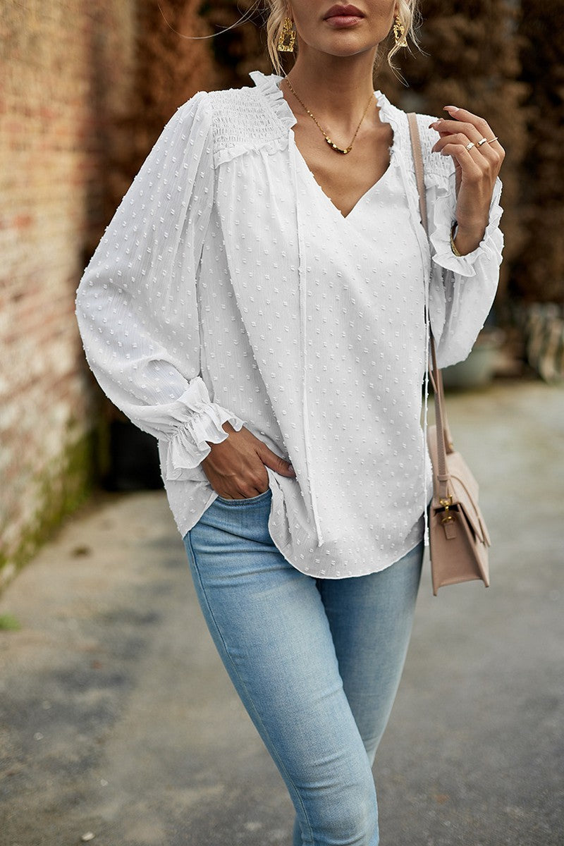 WOMEN RUFFLED SWISS DOT CHIFFON BLOUSE TOP