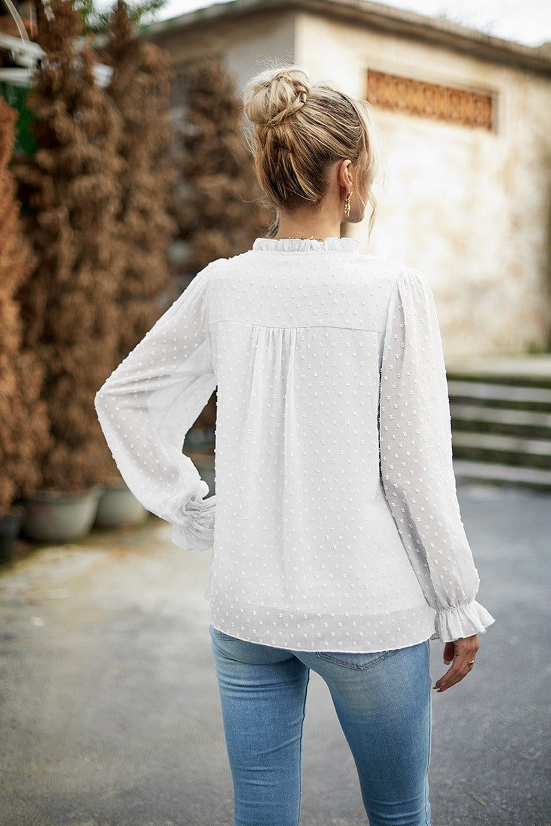 WOMEN RUFFLED SWISS DOT CHIFFON BLOUSE TOP
