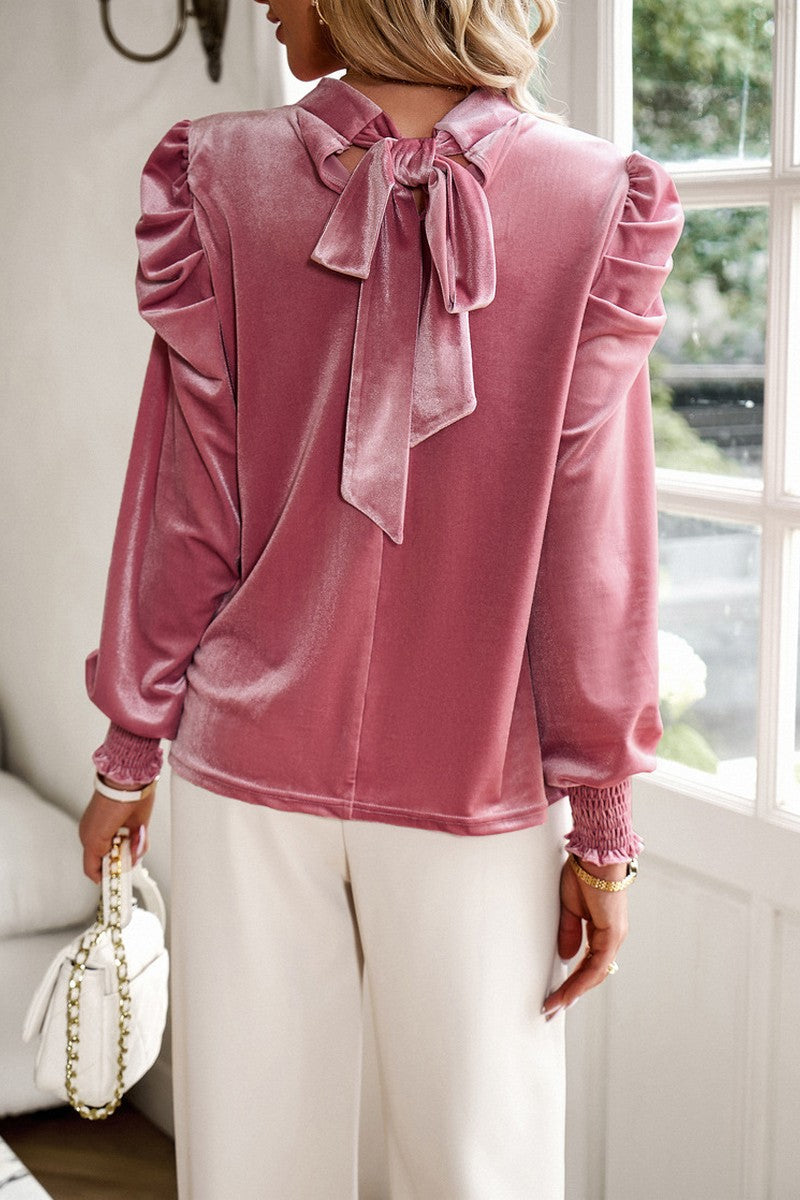 WOMEN SATIN HIGH NECK PUFF SLEEVE BLOUSE