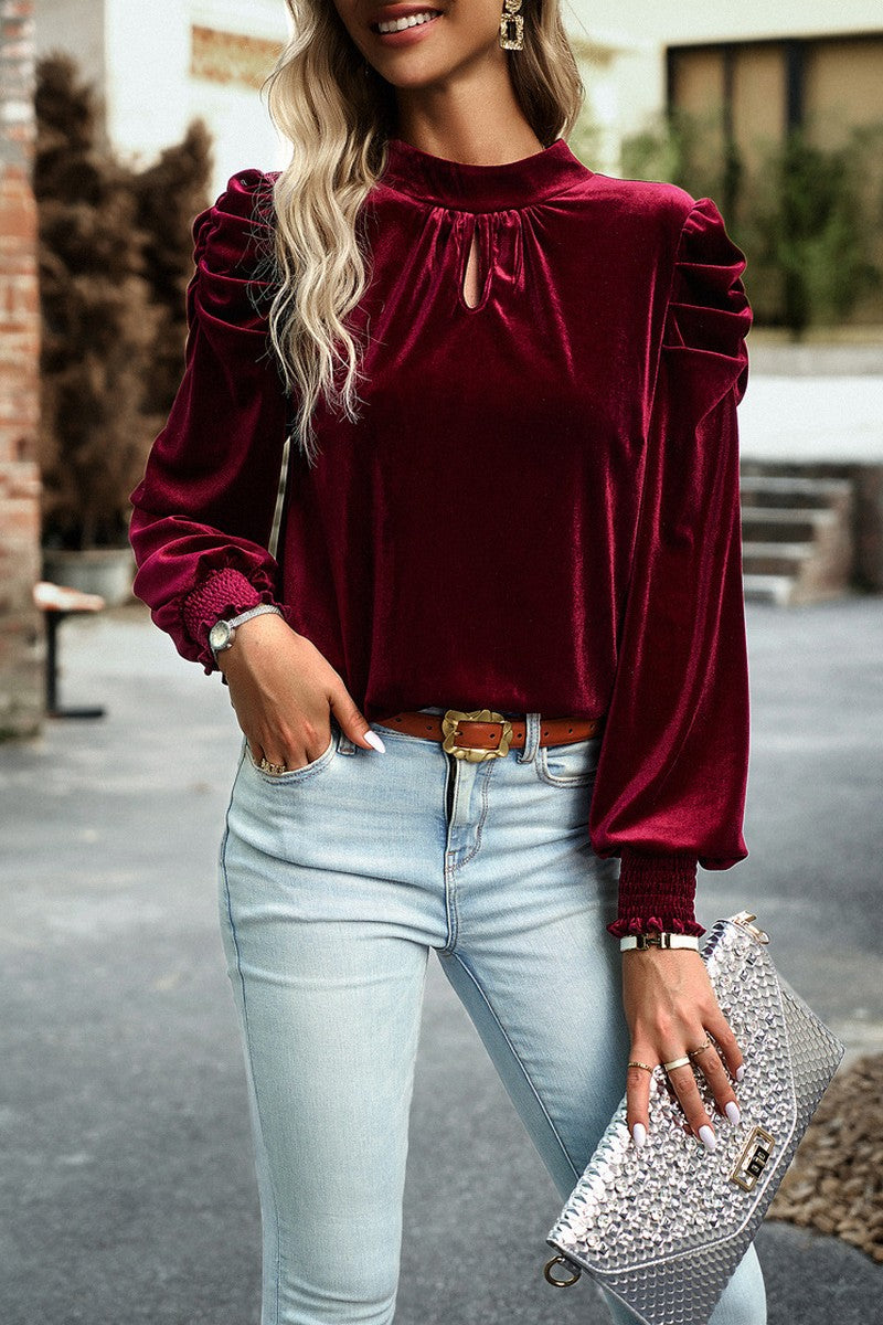 WOMEN SATIN HIGH NECK PUFF SLEEVE BLOUSE