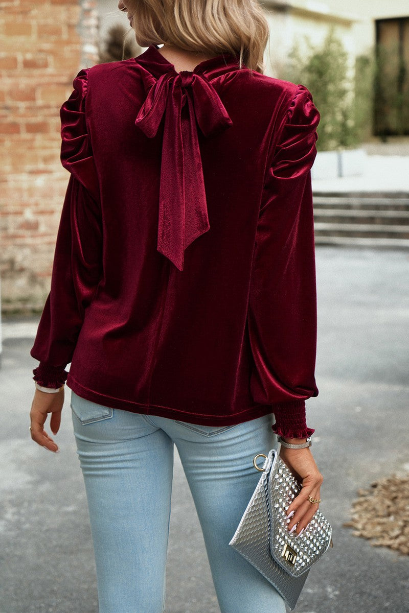WOMEN SATIN HIGH NECK PUFF SLEEVE BLOUSE