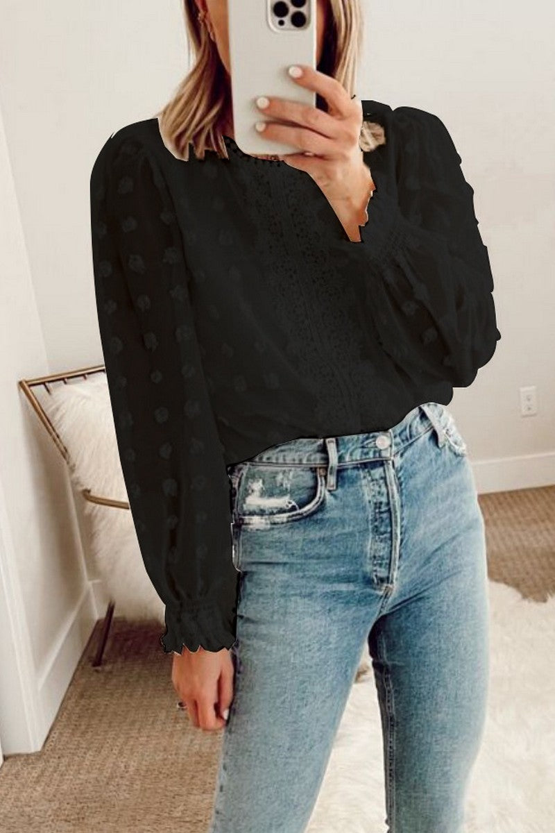 WOMEN LACE SWISS DOT RUFFLE CUFF BLOUSE
