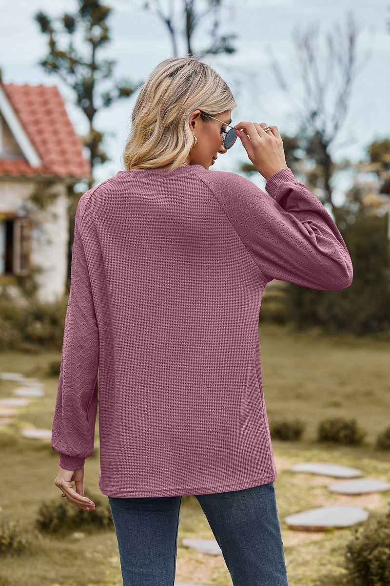 WOMEN EYELET LONG SLEEVE ROUND NECK BLOUSE TOP