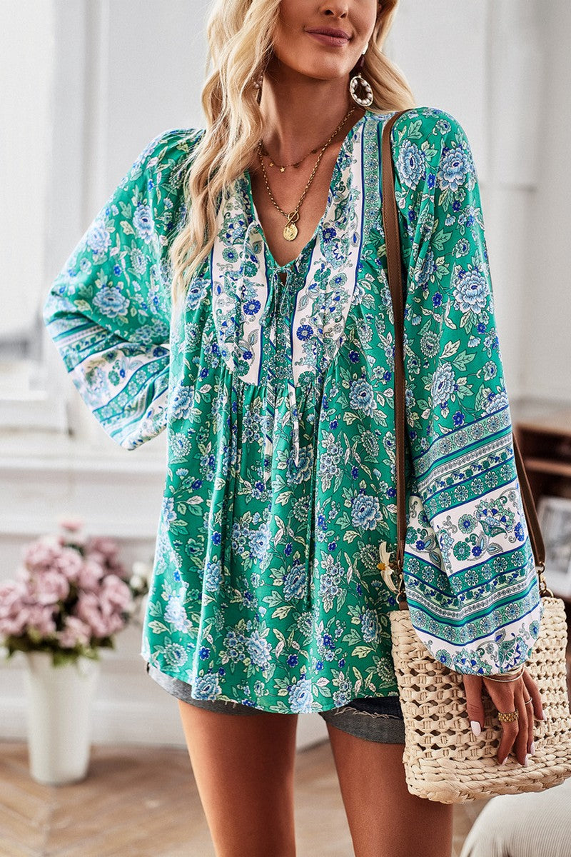 WOMEN TIED V NECK LONG SLEEVE BOHEMIAN BLOUSE
